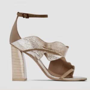 Mercedes Castillo Katrina Ruffled Tan & Gold Metallic Leather Heels